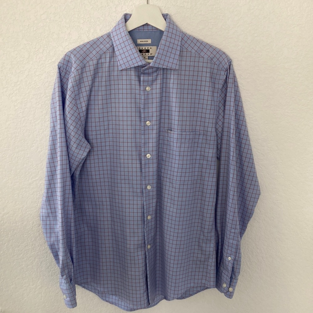 Joseph Abboud Medium Dress Shirt Non Iron, Blue Red Checks